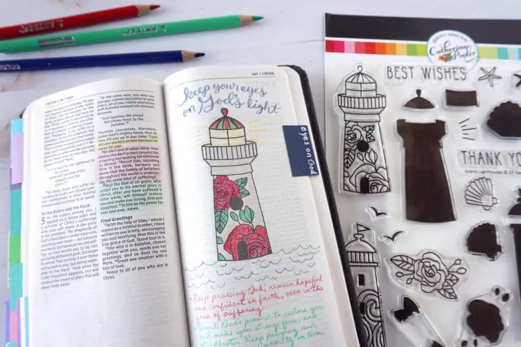 1 Peter 5:6-11 Bible journaling with stamps in pocket New Testament