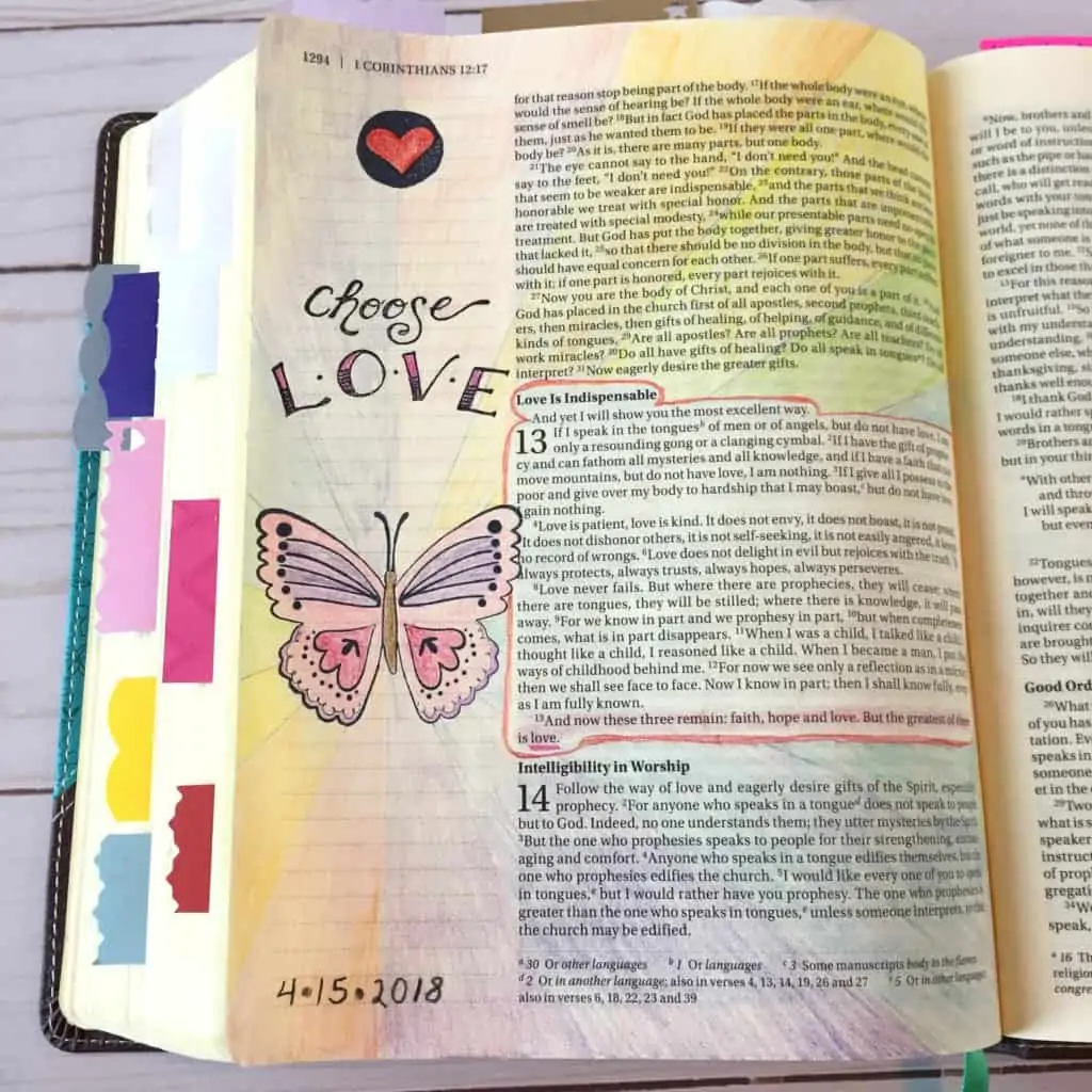 Bible journaling with colored pencils - 1 Corinthians 13