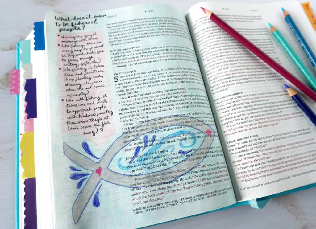 Bible journaling on Luke 5:1-11 with colored pencils