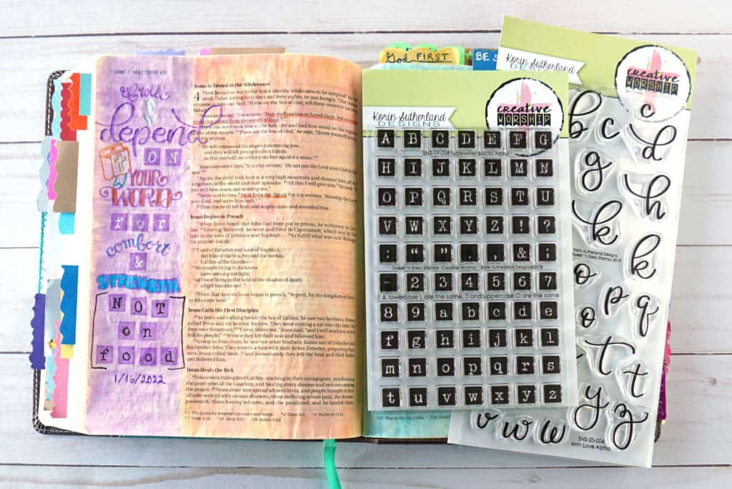 Matthew 4:4 Bible journaling page with alphabet stamps