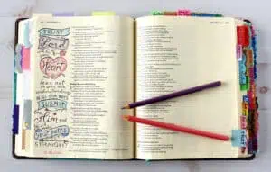 Proverbs 3:5-6 Bible journaling page with colored pencils