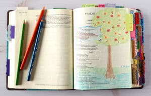 Psalm 1 Bible journaling page with colored pencils